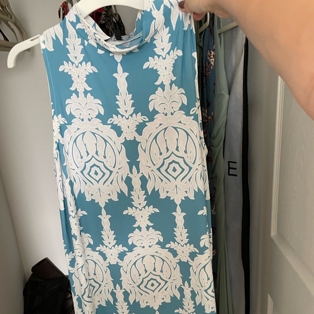 Knee length blue and white dress